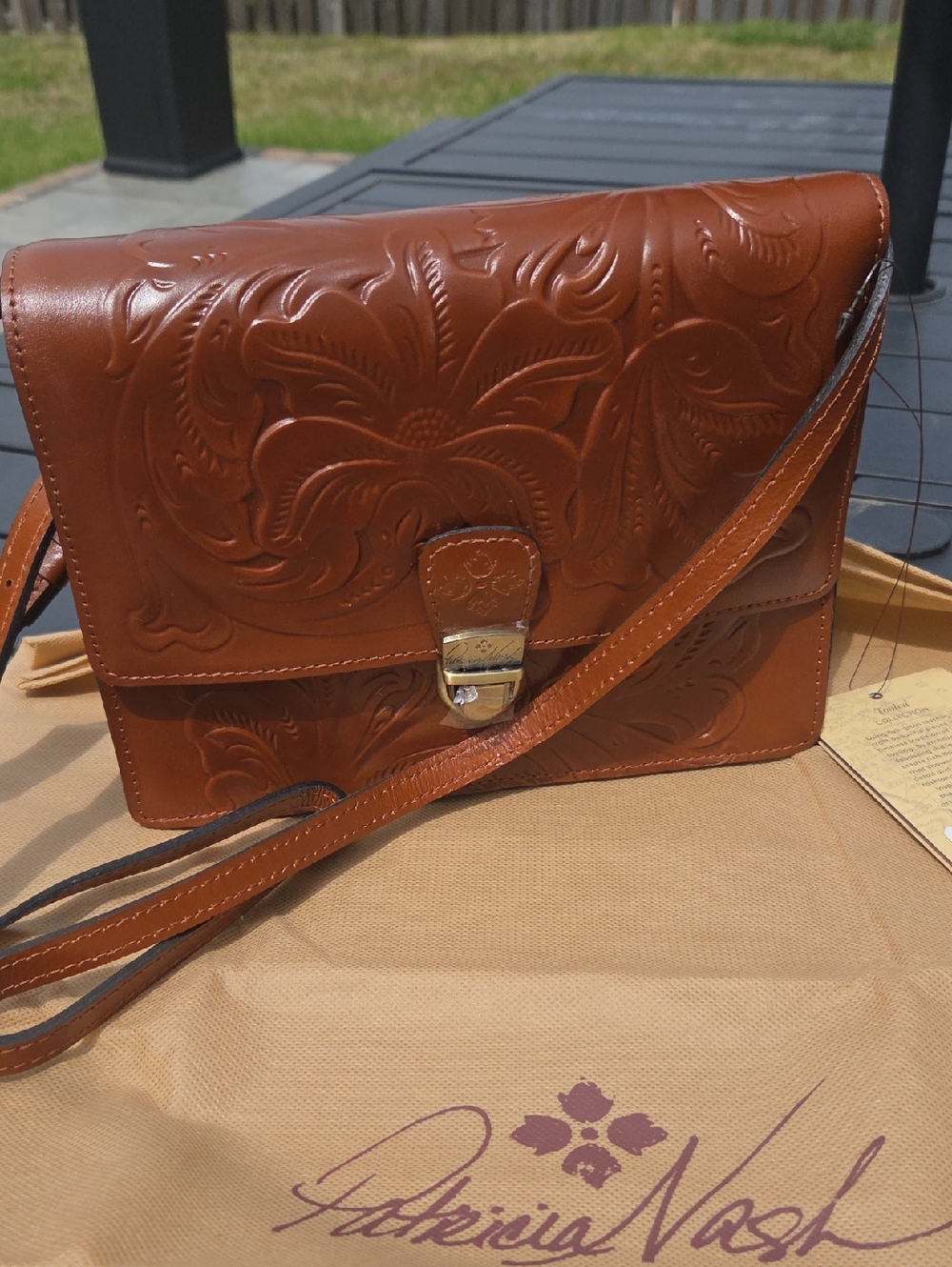 Patricia Nash Embossed Floral Leather Crossbody - Cognac